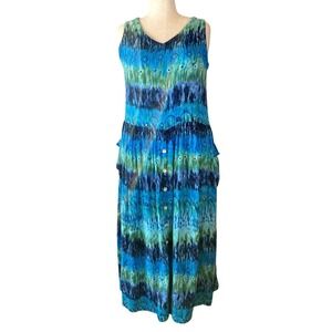 Bila Womens Sleeveless Maxi Dress Blue Green Tie Dye Button Front Pockets Size L